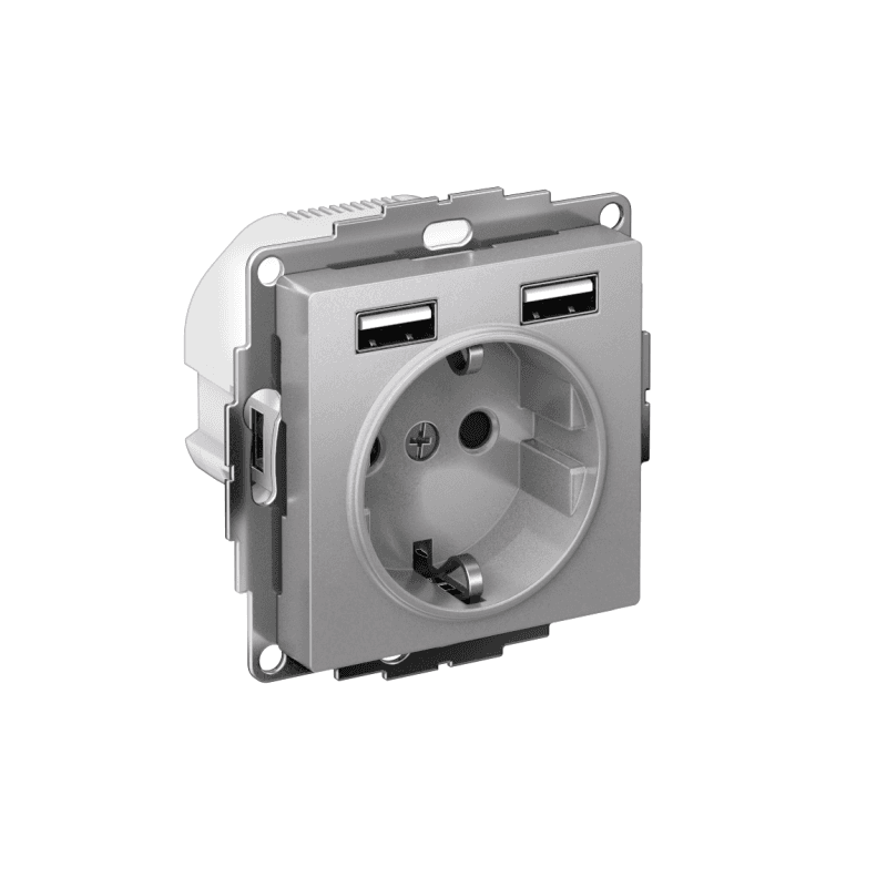 Розетка 1-м СП AtlasDesign 16А IP20 с 2-мя заряд. устройствами USB тип A+A 5В/2.4А 2х5В/1.2А механизм алюм. SE ATN000330