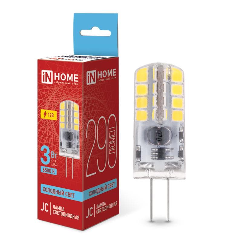 Лампа светодиодная LED-JC 3Вт капсульная прозрачная 6500К холод. бел. G4 290лм 12В IN HOME 4690612036045