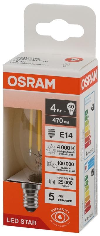 Лампа светодиодная филаментная LS CLB40 4W/840 230VFILCL 4Вт 4000К нейтр. бел. E14 470лм B угол пучка 300град. 220-240В (замена 40Вт) прозр. стекло OSRAM 4058075684157
