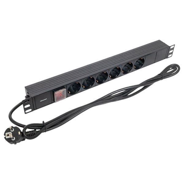 Блок PDU TERACOM 19дюйм 1U 16А/250В 6 роз. Schuko с выключат. шнур 2м 3х1.5кв.мм вилка Schuko корпус пластик черн. EKF TRC-HPD-LS-16A-6SH-2MSH