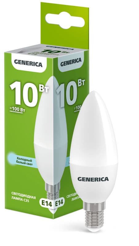Лампа светодиодная C35 10Вт свеча 6500К E14 230В GENERICA LL-C35-10-230-65-E14-G