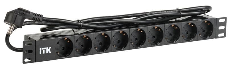 Блок розеток 9 мест PDU (немец. станд.) DIN49440 ПВХ профиль 1U шнур 2м; вилка DIN 49441 (немец. станд.); черн. ITK PH22-9D1-P