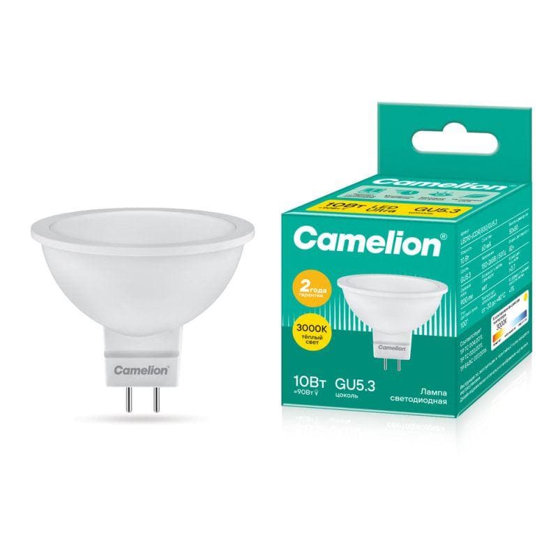 Лампа светодиодная LED10-JCDR/830/GU5.3 10Вт рефлектор матовая 3000К тепл. бел. GU5.3 150-265В Camelion 13684
