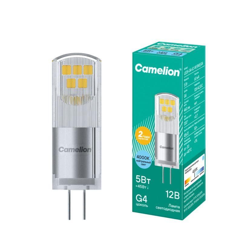 Лампа светодиодная LED5-G4-JC-NF/845/G4 5Вт капсульная прозрачная 4500К бел. G4 12В AC/DC Camelion 13750