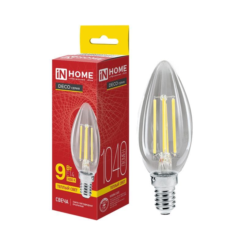 Лампа светодиодная LED-СВЕЧА-deco 9Вт свеча прозрачная 3000К тепл. бел. E14 1040лм 230В IN HOME 4690612026183