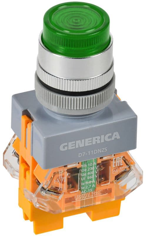 Кнопка D7-11DNZS d22мм 1НО+1НЗ с подсветкой и фиксацией зел. GENERICA BBT50-11DNZS-3-11-K06-G