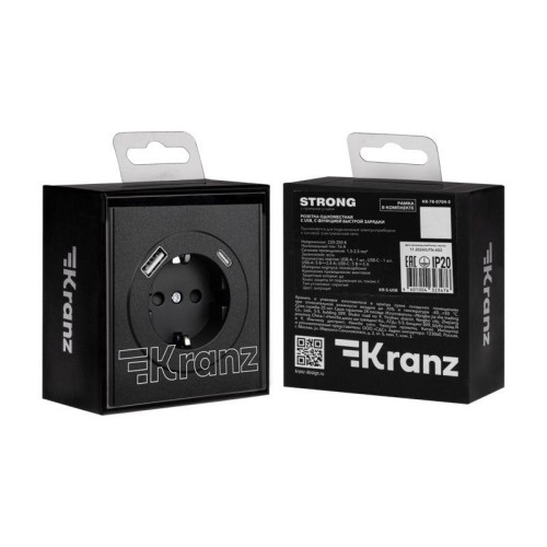 Розетка 1-м СП STRONG MIELE 16А с заземл. защ. шторки с USB A+C быстрой зарядки 5В/3А антрацит Kranz