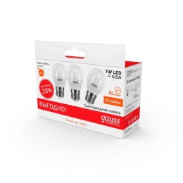 Лампа светодиодная Elementary 7Вт P45 шар 3000К тепл. бел. E27 450лм промо (уп.3шт) GAUSS 53217T