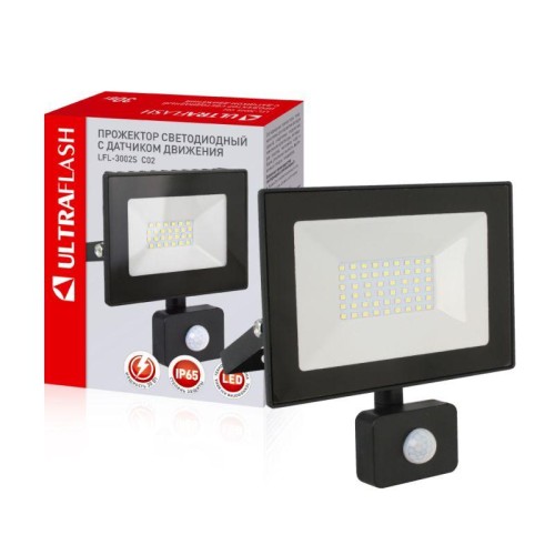 Прожектор светодиодный с датчиком LFL-3002S C02 30Вт 230В 6500К черн. Ultraflash 13330