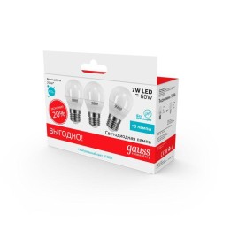 Лампа светодиодная Elementary 7Вт P45 шар 4100К нейтр. бел. E27 470лм промо (уп.3шт) GAUSS 53227T