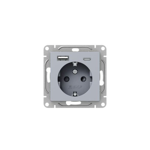 Розетка СП Эпика 16А с 2 USB-A+С с заземл. защ. шторки механизм алюм. EKF UP1-SOA-111-USBA+USBC