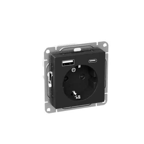 Розетка СП Эпика 16А с 2 USB-A+С с заземл. защ. шторки механизм черн. EKF UP1-SOB-111-USBA+USBC