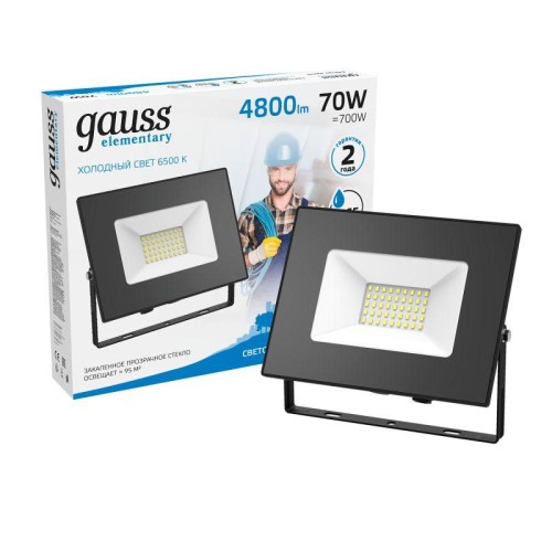 Прожектор светодиодный Elementary 70Вт 6500К IP65 6300лм 170-264В ДО черн. GAUSS 613100370