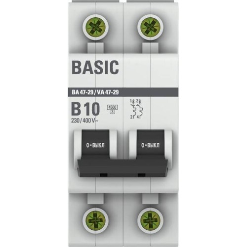 Выключатель автоматический модульный 2п B 10А 4.5кА ВА 47-29 Basic EKF mcb4729-2-10-B