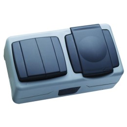 Выключатель двухклавишный + розетка с крышкой с винтовым зажимом блок IP55 Makel 36064203