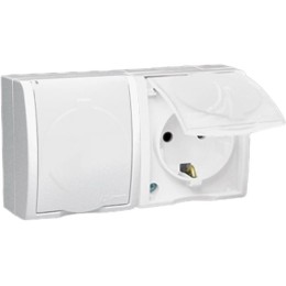 Розетка 2-м ОП Simon15 16А IP54 250В с заземл. Schuko защ. шторки с крышкой винт. клеммы бел. Simon