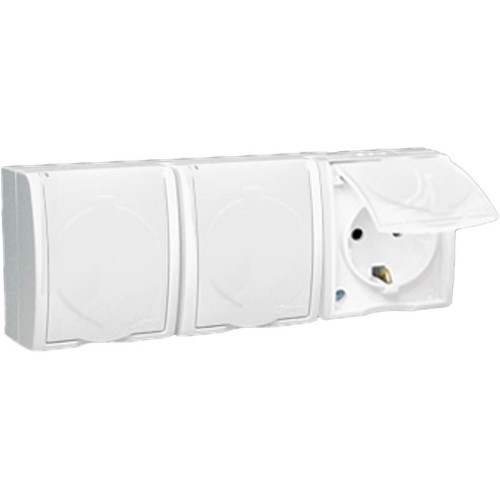 Розетка 3-м ОП Simon15 16А IP54 250В с заземл. Schuko защ. шторки с крышкой винт. клеммы бел. Simon