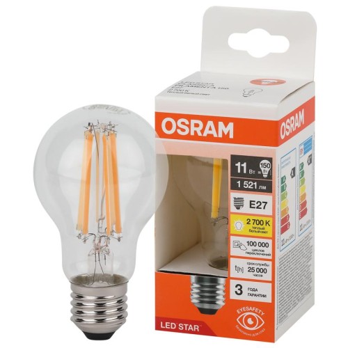 Лампа светодиодная филаментная LSCLA150 11W/827 230V FIL 11Вт 2700К тепл. бел. E27 1521лм A угол пуч
