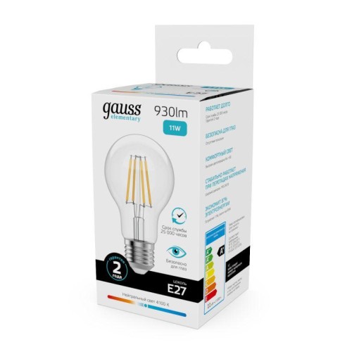 Лампа светодиодная филаментная Filament Elementary А60 11Вт 4100К Е27 930лм GAUSS 22221