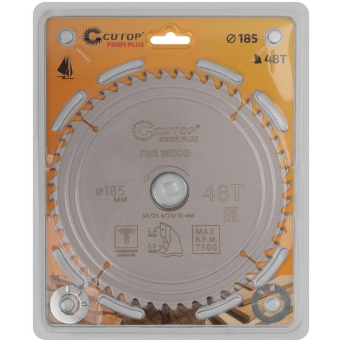 Диск пильный по дереву с тефлоновым покрытием 48Т Profi plus 185х1.3/2.0х30/25.4/20/16мм Cutop 75-18
