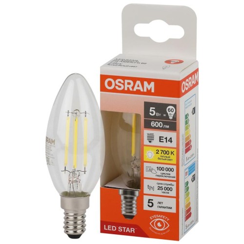 Лампа светодиодная филаментная LSCLB60 5W/827 230VFILCL 5Вт 2700К тепл. бел. E14 600лм B угол пучка