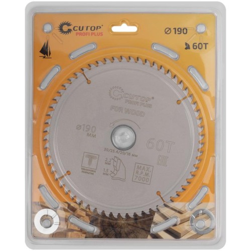 Диск пильный по дереву с тефлоновым покрытием 60Т Profi plus 190х1.5/2.2х30/25.4/20/16мм Cutop 75-19
