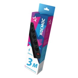 Удлинитель с сетевым фильтром 5х3м с заземл. 10А IP20 2.2кВт ПВС 3х0.75 с выкл. с индикатором сети ч