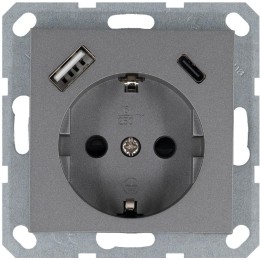 Розетка Shuko 16А с заземл. защ. шторки с 2-мя заряд. устройствами USB тип A+C 25Вт механизм алюм. J