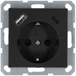 Розетка Shuko 16А с заземл. защ. шторки с 2-мя заряд. устройствами USB тип A+C 25Вт механизм антраци