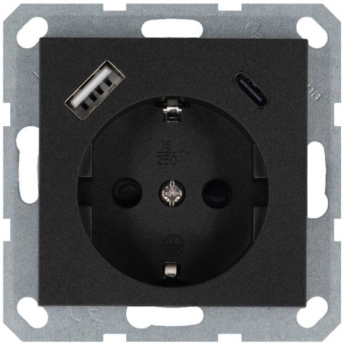 Розетка Shuko 16А с заземл. защ. шторки с 2-мя заряд. устройствами USB тип A+C 25Вт механизм антраци