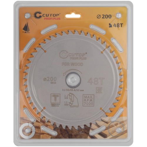 Диск пильный по дереву с тефлоновым покрытием 48Т Profi plus 200х1.5/2.2х32/30/25.4/20мм Cutop 75-20