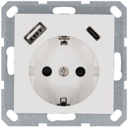 Розетка Shuko 16А с заземл. защ. шторки с 2-мя заряд. устройствами USB тип A+C 25Вт механизм бел. гл