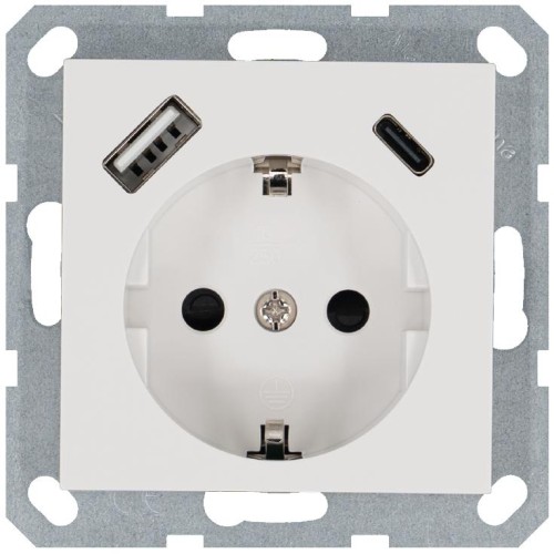 Розетка Shuko 16А с заземл. защ. шторки с 2-мя заряд. устройствами USB тип A+C 25Вт механизм бел. гл