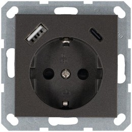 Розетка Shuko 16А с заземл. защ. шторки с 2-мя заряд. устройствами USB тип A+C 25Вт механизм мокко J