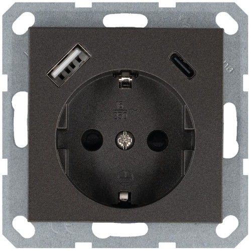 Розетка Shuko 16А с заземл. защ. шторки с 2-мя заряд. устройствами USB тип A+C 25Вт механизм мокко J