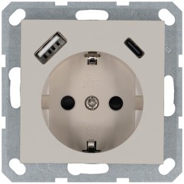 Розетка Shuko 16А с заземл. защ. шторки с 2-мя заряд. устройствами USB тип A+C 25Вт механизм тауп Ja