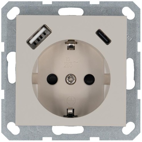 Розетка Shuko 16А с заземл. защ. шторки с 2-мя заряд. устройствами USB тип A+C 25Вт механизм тауп Ja
