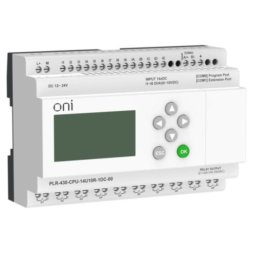Модуль ЦПУ ПЛК 430 8 DI 6 UI (0-10В/DI) 10 RO 24В DC с экраном ONI PLR-430-CPU-14U10R-1DC-00