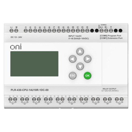 Модуль ЦПУ ПЛК 430 8 DI 6 UI (0-10В/DI) 10 RO 24В DC с экраном ONI PLR-430-CPU-14U10R-1DC-00