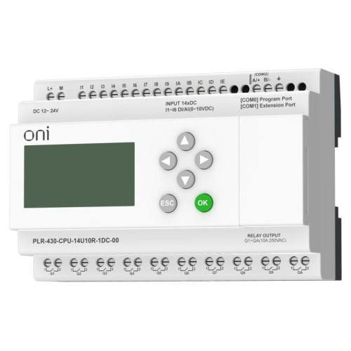 Модуль ЦПУ ПЛК 430 8 DI 6 UI (0-10В/DI) 10 RO 24В DC с экраном ONI PLR-430-CPU-14U10R-1DC-00