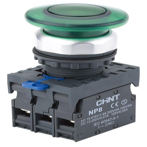 Кнопка управления "Грибок" d40мм NP8-11MD/13 1НО+1НЗ IP65 AC110-230В с самовозвратом с подсветкой зе