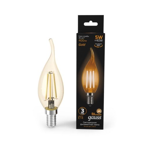 Лампа светодиодная филаментная Black Filament 5Вт свеча на ветру золотая 2700К тепл. бел. E14 400лм