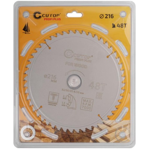 Диск пильный по дереву с тефлоновым покрытием 48Т Profi plus 216х1.5/2.2х32/30/25.4/20мм Cutop 75-21