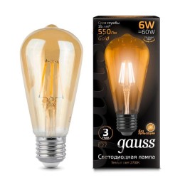 Лампа светодиодная филаментная Black Filament 6Вт ST64 золотая 2400К тепл. бел. E27 550лм GAUSS 1028
