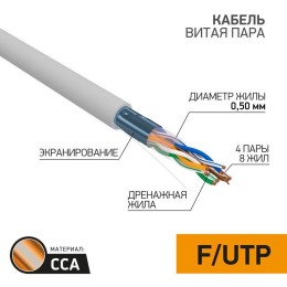 Кабель витая пара F/UTP кат.5e 4х2х0.50 24AWG solid CCA PVC INDOOR омедненный сер. (уп.25м) PROCONNE