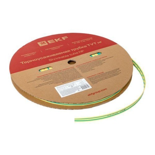 Трубка термоусадочная ТУТ нг 12/6 желт./зел. (уп.100м) EKF tut-12-yg