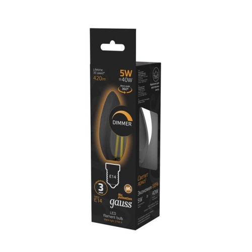 Лампа светодиодная филаментная Black Filament 5Вт свеча 2700К тепл. бел. E14 420лм диммир. GAUSS 103