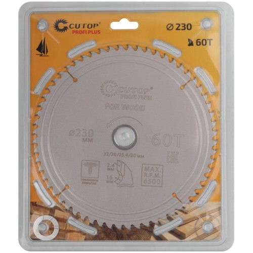 Диск пильный по дереву с тефлоновым покрытием 60Т Profi plus 230х16/24х32/30/25.4/20мм Cutop 75-2306