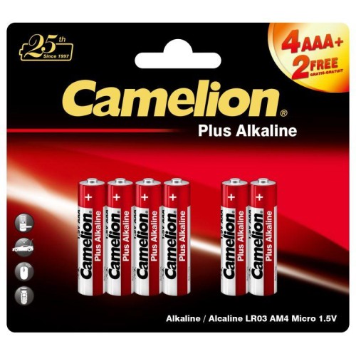Элемент питания алкалиновый AAA/LR03 1.5В Plus Alkaline 4+2LR03-BP (блист.6шт) Camelion 14112