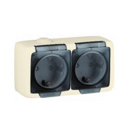 Розетка 2-м ОП Альфа 16А IP44 250В с заземл. защ. шторки с крышкой сл. кость HEGEL РА16-252-01